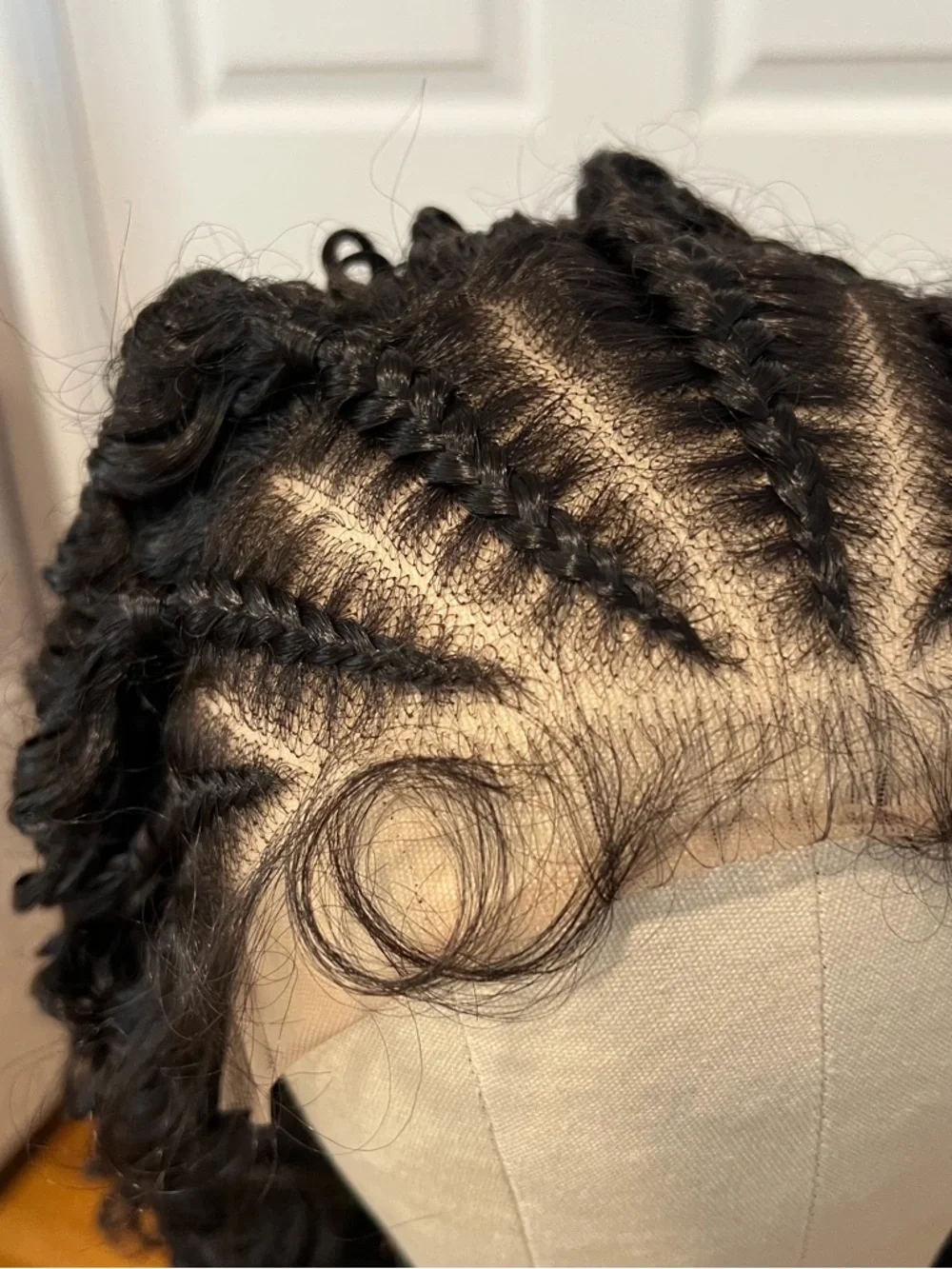Synthetic 16” Natural Black Curly Lace Front Wig with Cornrowed Parts It#UC9